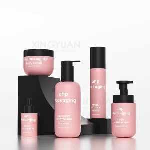 Pink plastic skincare bottle set
