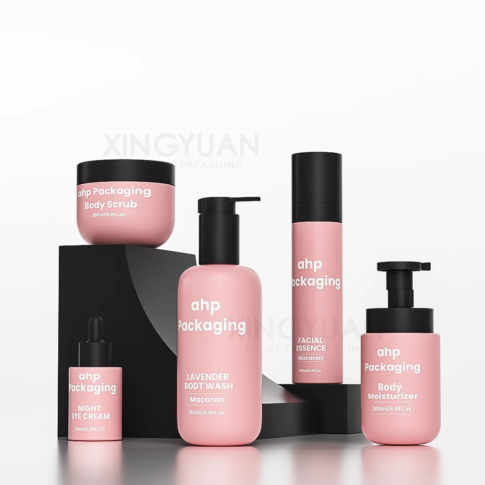 Pink plastic skincare bottle set